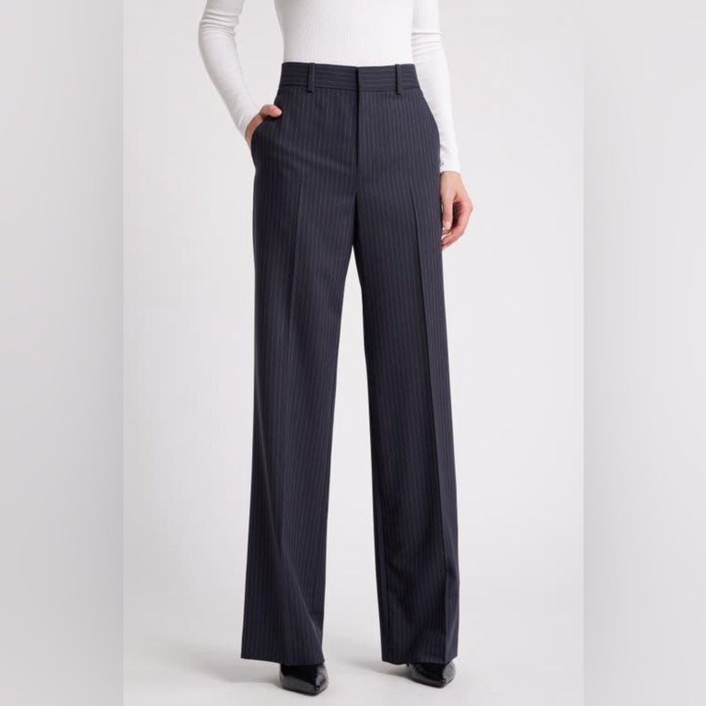 Frame Virgin Wool Straight Leg Navy Pinstripe Trouser Pants Size 12